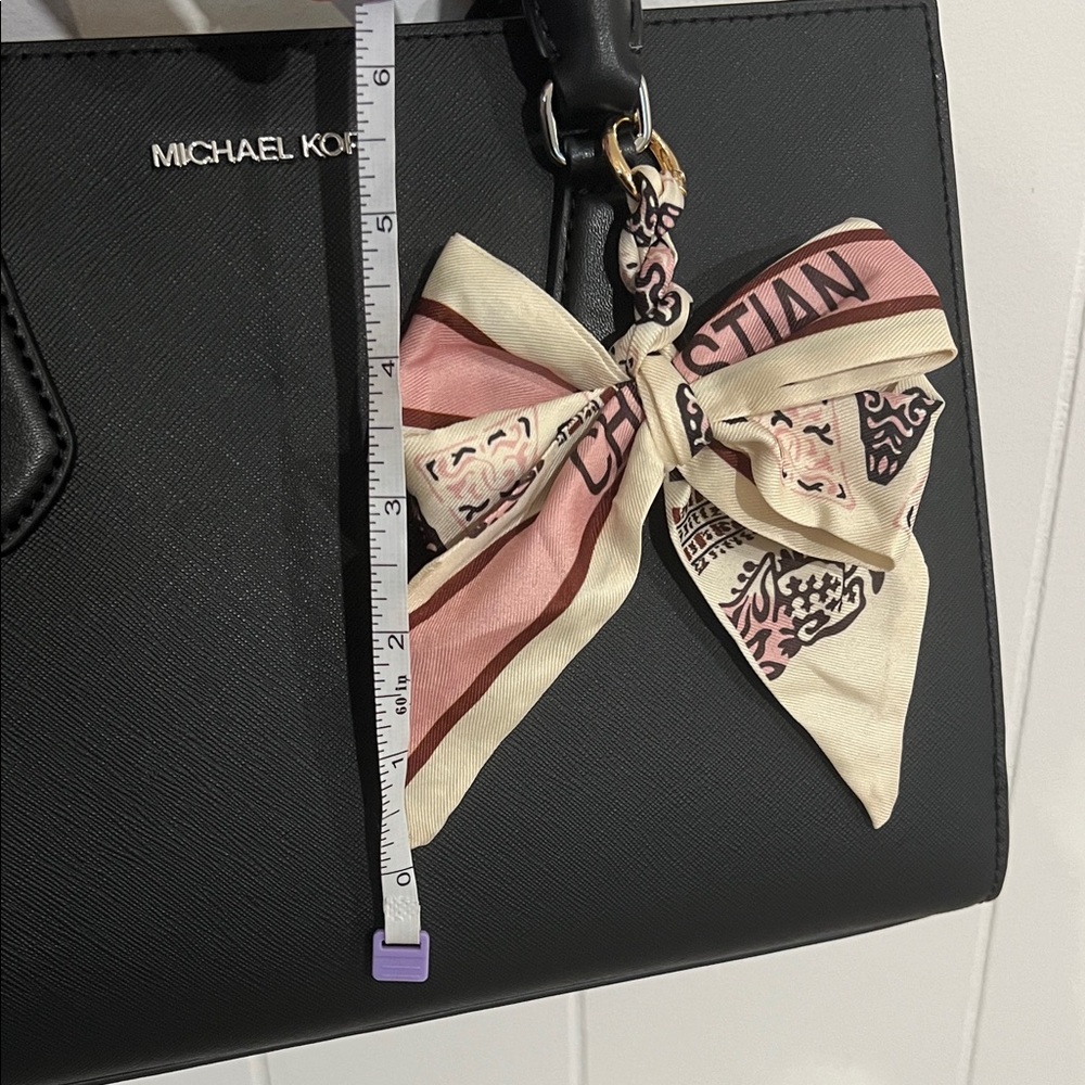 Inspired Cream, Pink and Brown Scarf Bow Bag Charm with O Ring Clip - Picture 5 of 5